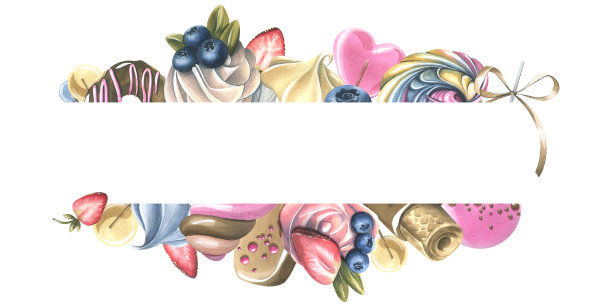 横板上有糖果，甜甜圈，蛋糕，纸杯蛋糕，棒棒糖，棉花糖。水彩插图。一套大的糖果做成的框架。以食物为主题的装饰设计。图片下载