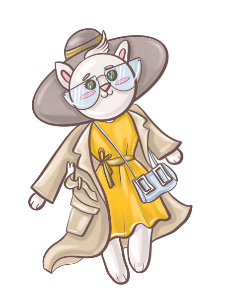 插画人物卡通风格彩色黄色和米黄色有趣的猫动物博主造型师在风衣和帽子时尚风格的设计元素的特写图片下载