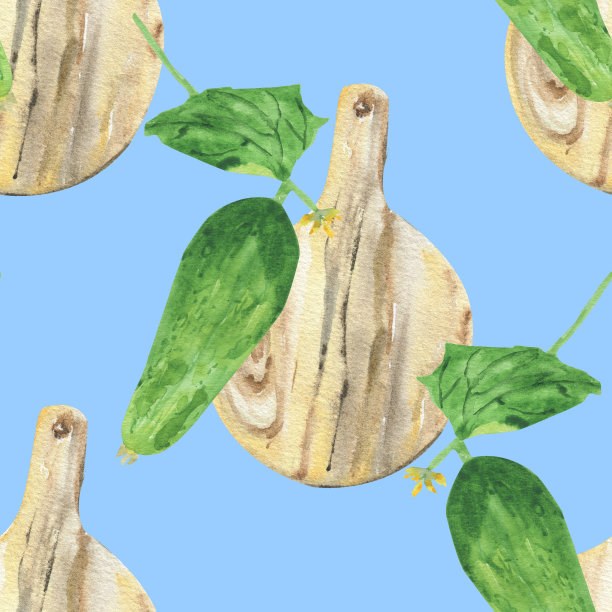 新鲜黄瓜、绿叶和木制砧板无缝搭配。厨房，壁纸和纺织品的明亮背景。多汁蔬菜的水彩画。图片下载