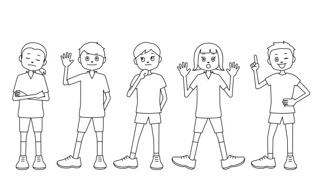 儿童插画(男孩和女孩)的各种表情和姿势(白色背景，矢量，剪辑)图片下载