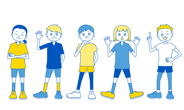 儿童插画(男孩和女孩)的各种表情和姿势(白色背景，矢量，剪辑)图片下载