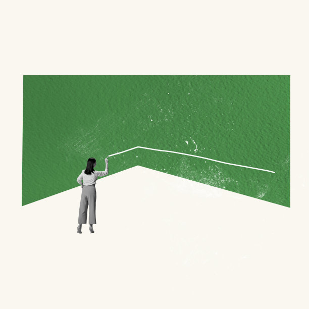 当代艺术拼贴。概念上的形象。年轻女子在绿色背景上画线。线的生活图片下载