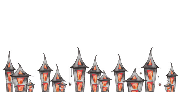 手绘黑色房子的水彩插图，红色的窗户，弯曲的屋顶。大楼着火了。灯笼。幽灵鬼屋。公墓。框架模板在白色背景万圣节卡片，海报图片下载