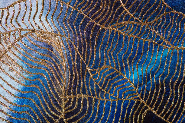 独特的抽象画，蓝色背景和金色纹理。图片下载