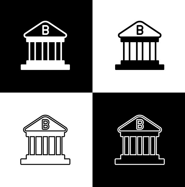 设置银行建筑图标孤立在黑色和白色图片下载