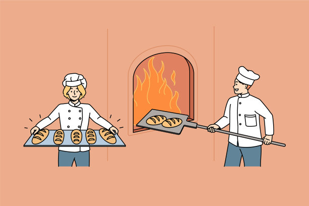 快乐的面包师在面包房烹饪新鲜的突破图片下载