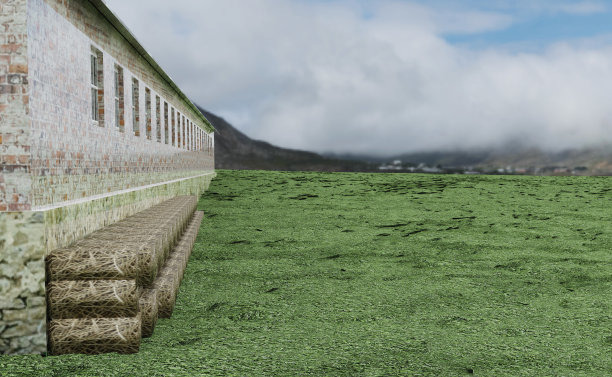 在一个多云的下午，空旷的田野上空荡荡的谷仓。副本的空间。插图3 d。图片下载