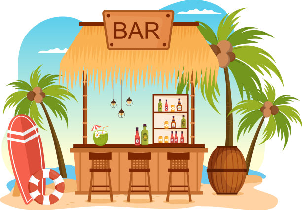 海滩上的热带酒吧或酒吧，提供酒精饮料图片下载