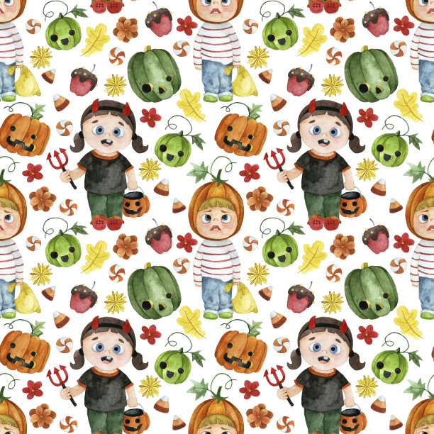 水彩画，万圣节无缝图案。在万圣节服装上印上可爱的孩子。南瓜，糖果，白色背景的秋叶。图片下载