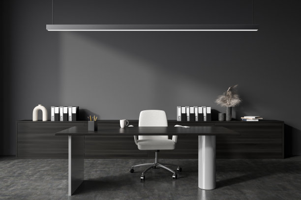 灰色商务内部，有工作台、书架和文件。模型图片下载