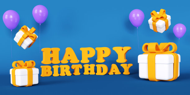 生日快乐字母黄色白色礼品盒和蓝色背景的紫色气球。3 d渲染插图。图片下载