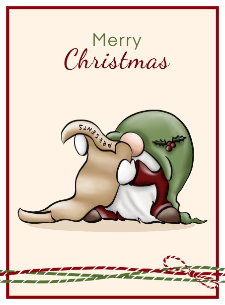 可爱的小矮人戴着毛线帽子阅读愿望清单。礼物,礼物。圣诞及新年垂直明信片，红框及仿装饰绳图片下载