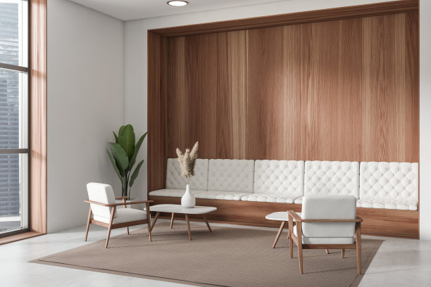 用沙发和扶手椅，全景窗照亮客厅内部。空墙图片下载