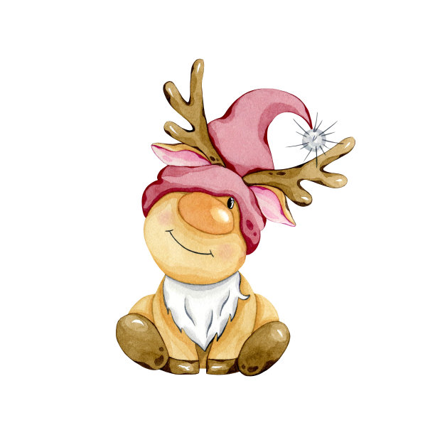 水彩冬鹿与红色帽子。冬季圣诞卡通人物的明信片。手绘纹理和背景。图片下载