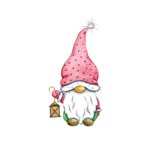 水彩可爱的侏儒与夜灯。北欧圣诞动机，孤立在白色背景，手绘插图的圣诞侏儒。图片下载