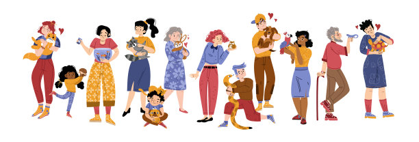 人们与宠物角色和家庭动物设定图片下载