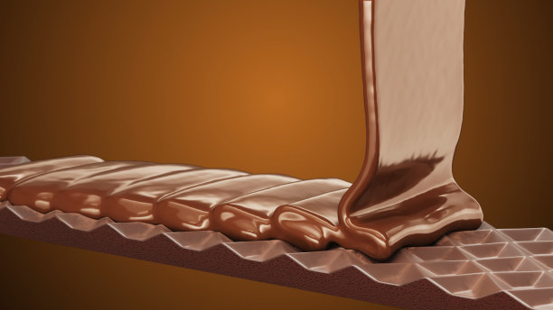 极致特写美巧克力液体牛奶倒在巧克力棒在棕色的背景。3 d渲染。食品饮料的概念。有选择性的重点。图片下载