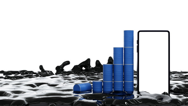 原油喷溅用桶和智能手机，石油市场业务，石油石油工业，3D渲染。图片下载