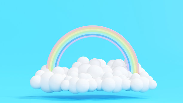 天气预报标志，气象图标，云和彩虹，3D渲染。图片下载