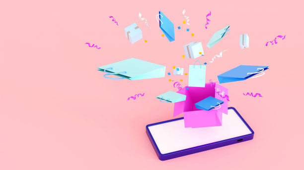 网上购物时间，购物袋配礼盒和智能手机电商概念，3D渲染。图片下载