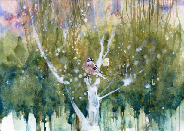 鸟在树叶上。可爱的水彩背景。秋天的森林。图片下载