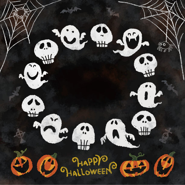 手绘万圣节插画可爱的幽灵，头骨和南瓜图片下载