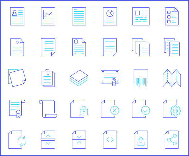 简单的纸相关矢量线图标集合。图片下载