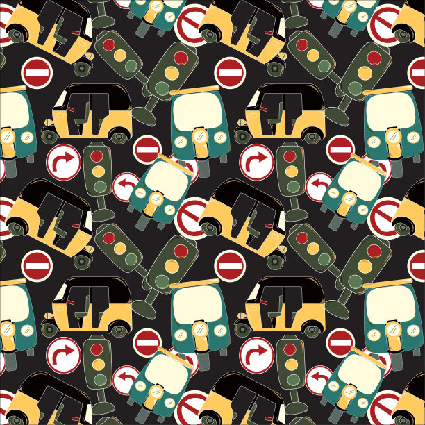 无缝图案的黑色，最大的黄红色，桃金娘绿颜色的人力三轮车与高档红色标志板与步枪绿颜色的交通信号葡萄干黑色的背景。纺织图案。图片下载