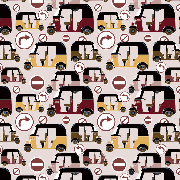 无缝图案的黑色，波斯李子，阳光，铂尔曼棕色UPS棕色，白兰地，托斯卡纳颜色汽车黄包车白兰地色的标志板在森林狼的背景。纺织品设计、墙纸。图片下载