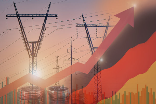 电力线在德国国旗旁边的剪影和上升的箭头。欧洲能源危机。家庭取暖和工业用电价格上涨。图片下载