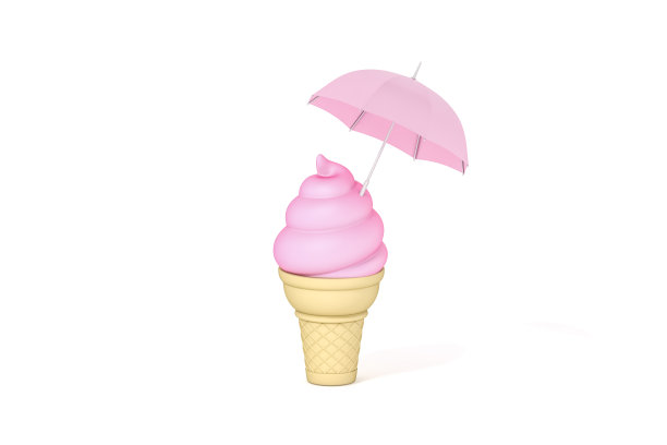 粉色冰淇淋和雨伞在顶部的粉彩抽象夏季背景3d渲染。夏季和快餐店速冻甜点简约风格的概念。图片下载