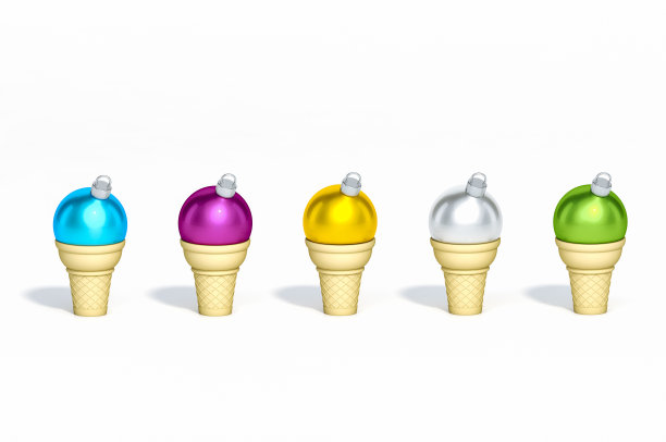 金属不同颜色的圣诞球饰品放在华夫饼锥设置在白色背景的3d渲染。3d插画简约风格的庆祝，圣诞节和新年的概念。图片下载