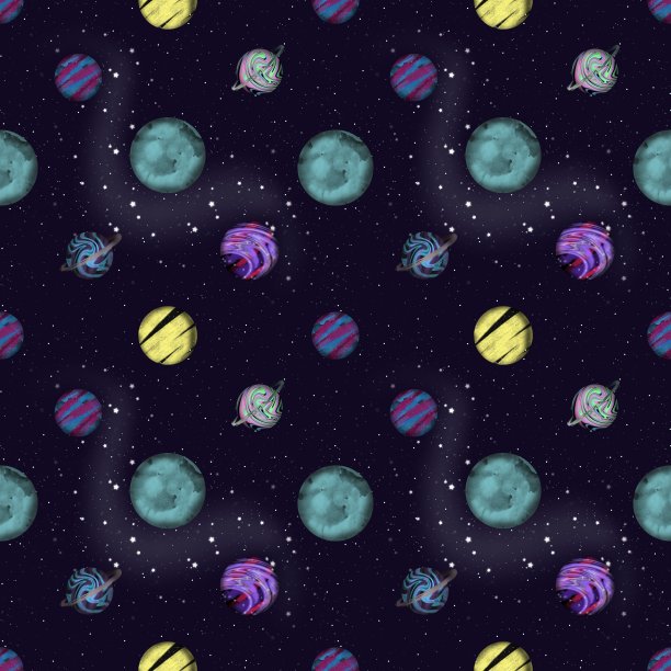 太空孩子与行星和恒星在深蓝色的背景上无缝图案。图片下载