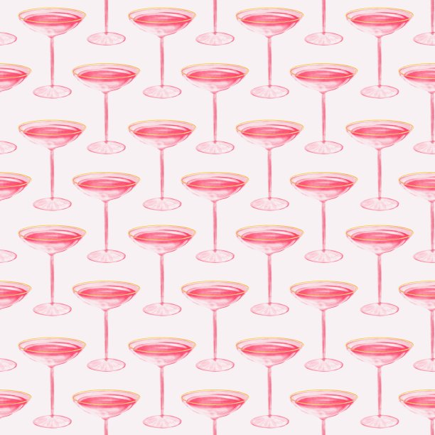 无缝图案与酒杯与玫瑰酒。迷人的时髦眼镜与酒精画在水彩。水彩手绘插画。图片下载