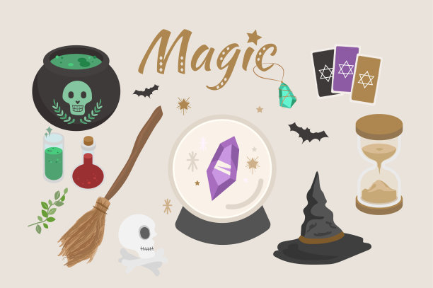 魔法物品水晶球，魔药瓶，女巫帽子，女巫扫帚，沙漏，魔杖，塔罗牌和坩埚。电脑游戏的元素，孤立的奇才，图标设置图片下载