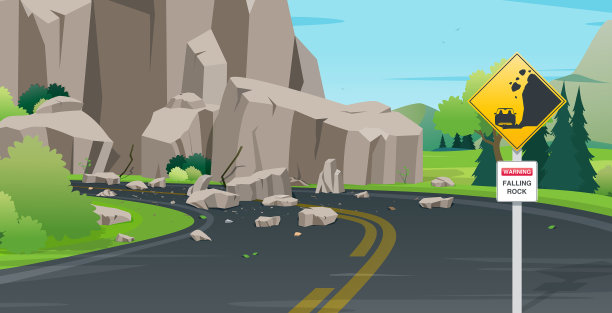 落石警告标志。图片下载