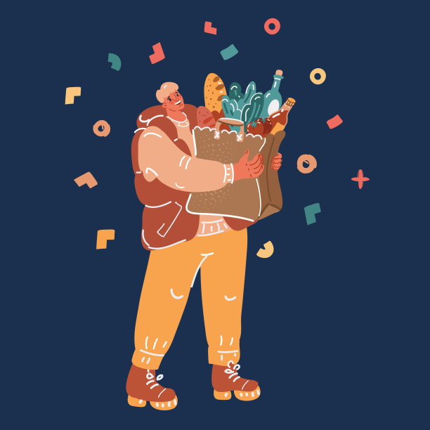 卡通矢量插图送货员或快递男孩。携带或分发食物纸袋的人图片下载