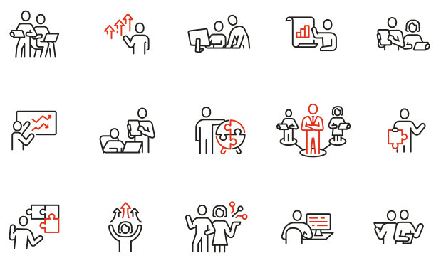 向量集线性图标相关的商业领导，关系，人力资源管理，合作和团队工作。单行象形图和信息图形设计元素。第4部分图片下载