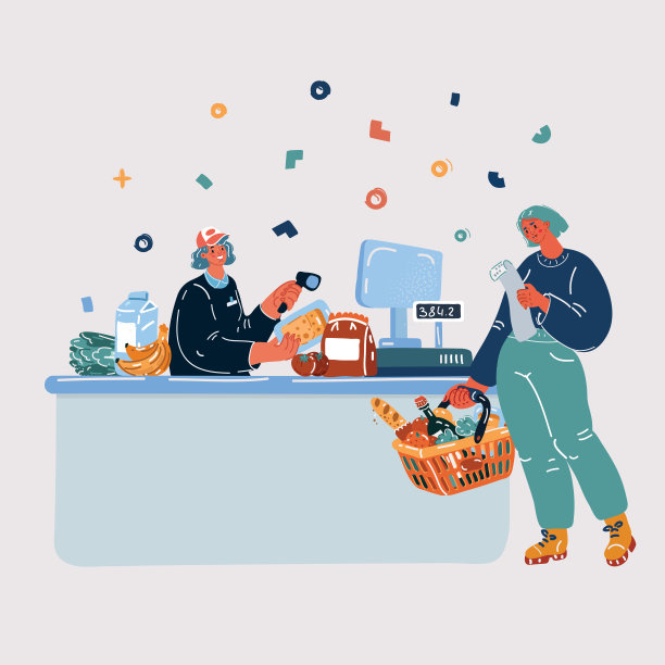 矢量插图的女人在杂货店。在超市收银员图片下载