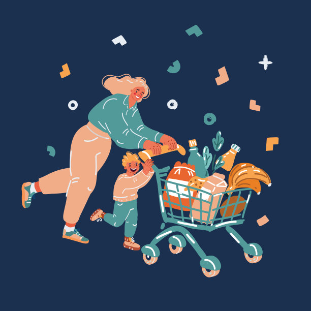 卡通矢量插图的年轻母亲和儿子推超市购物车装满了食品杂货。图片下载
