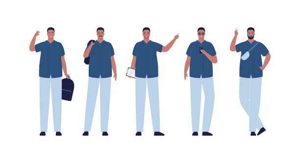 字符集合。矢量平面设计人插图集。年轻的成年非洲超重男子站在各种胡子和胡子。包，纸，智能手机和背包配件图片下载