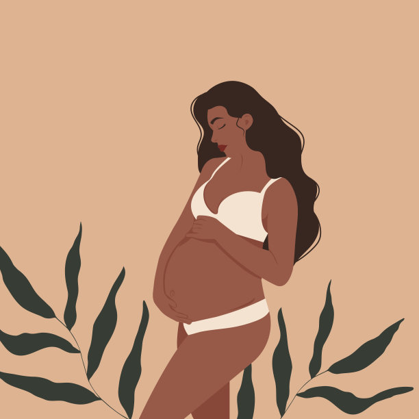 怀孕的年轻女孩皮肤黝黑，一头长发在棕色的花朵上衬托着树叶。向量图片下载