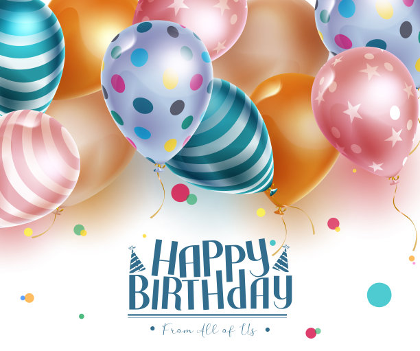 生日快乐矢量背景设计。生日快乐祝福文字用彩色图案气球束漂浮在白色背景为生日装饰。图片下载