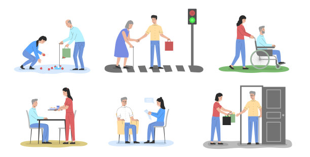 老年人帮助的概念。志愿者男性和女性角色男性和女性照顾老年人或父母在高级住宅。卡通线性轮廓向量插图集。图片下载