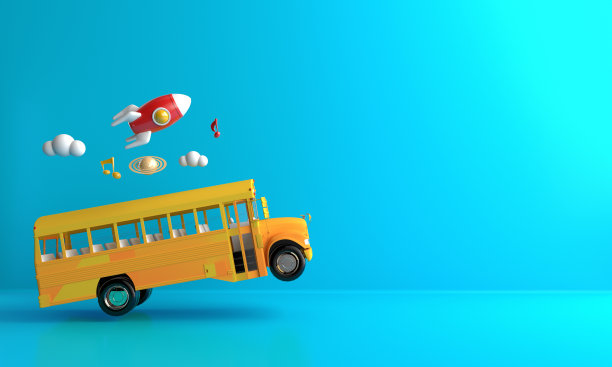 橙色校车和彩色背景的3D渲染图图片下载