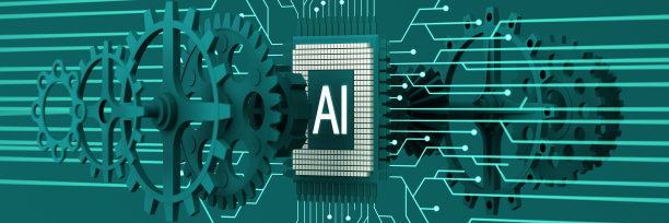 人工智能网页横幅。处理器芯片的。数据处理的过程。现代技术的发展。霓虹灯发光背景上的微电路。三维渲染图片下载