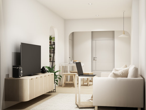 墙壁用木制材料装饰成白色色调，弧形内置橱柜和镶木地板上的木制拱门，阳光通过窗户照射到卧室和客厅公寓的3d渲染图片下载