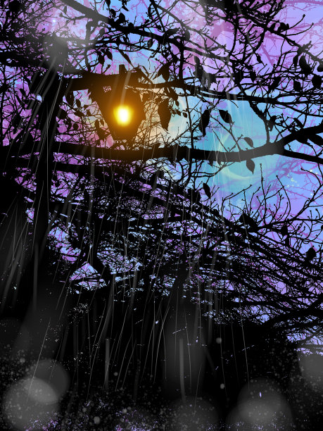 街灯和枯枝的剪影景观插图，在傍晚和无声的雨图片下载