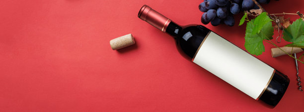 一瓶有标签、葡萄和软木塞的红酒。酒瓶模型。前视图。横幅。图片下载