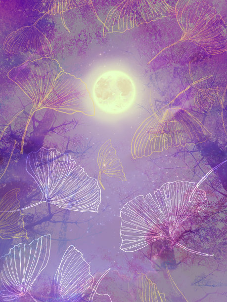 银杏的剪贴画背景在繁星点点的夜空和满月中飘落。图片下载